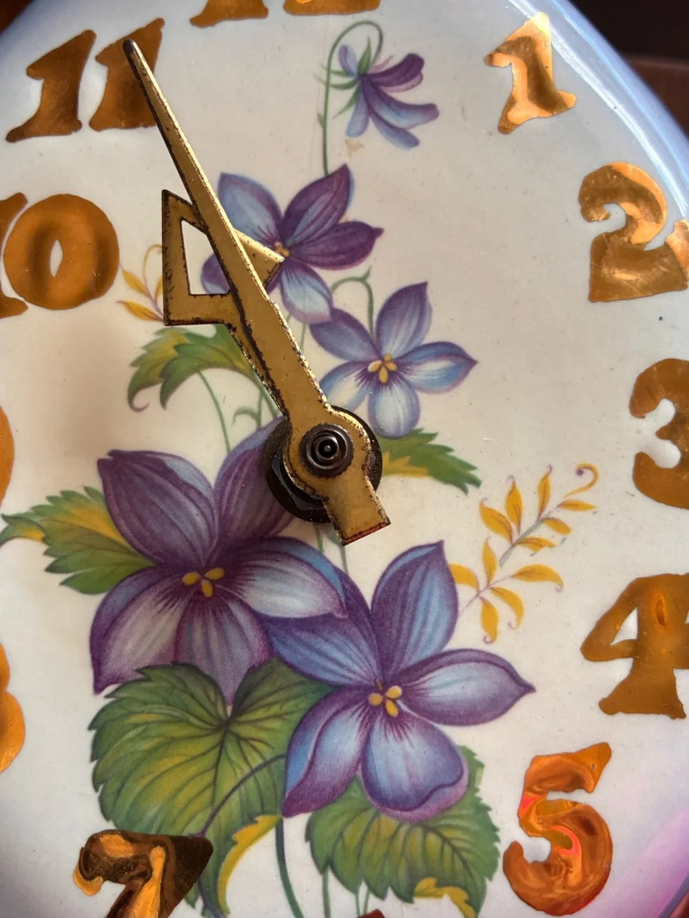 Floral Ceramic Wall Clock in Purple and Gold - Unbranded